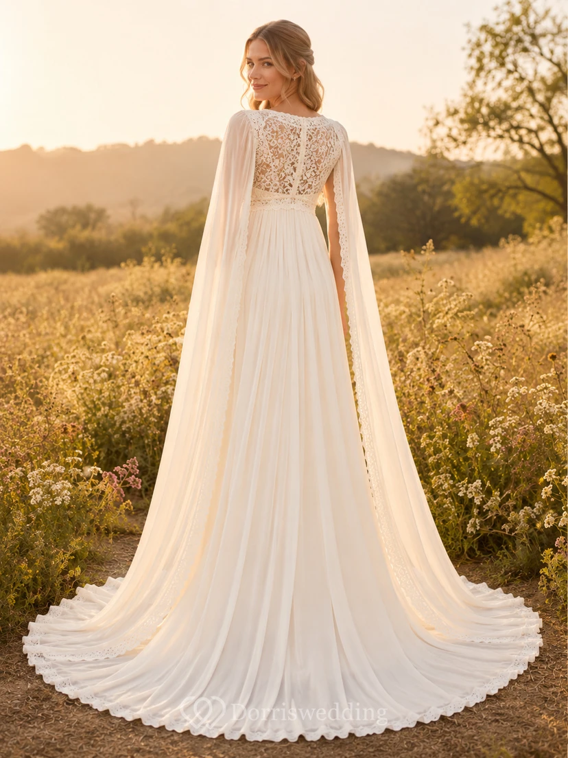 Maternity Wedding Dress V-Neck Lace Bodice Cape A-Line Country Bridal Gown with Train view 2