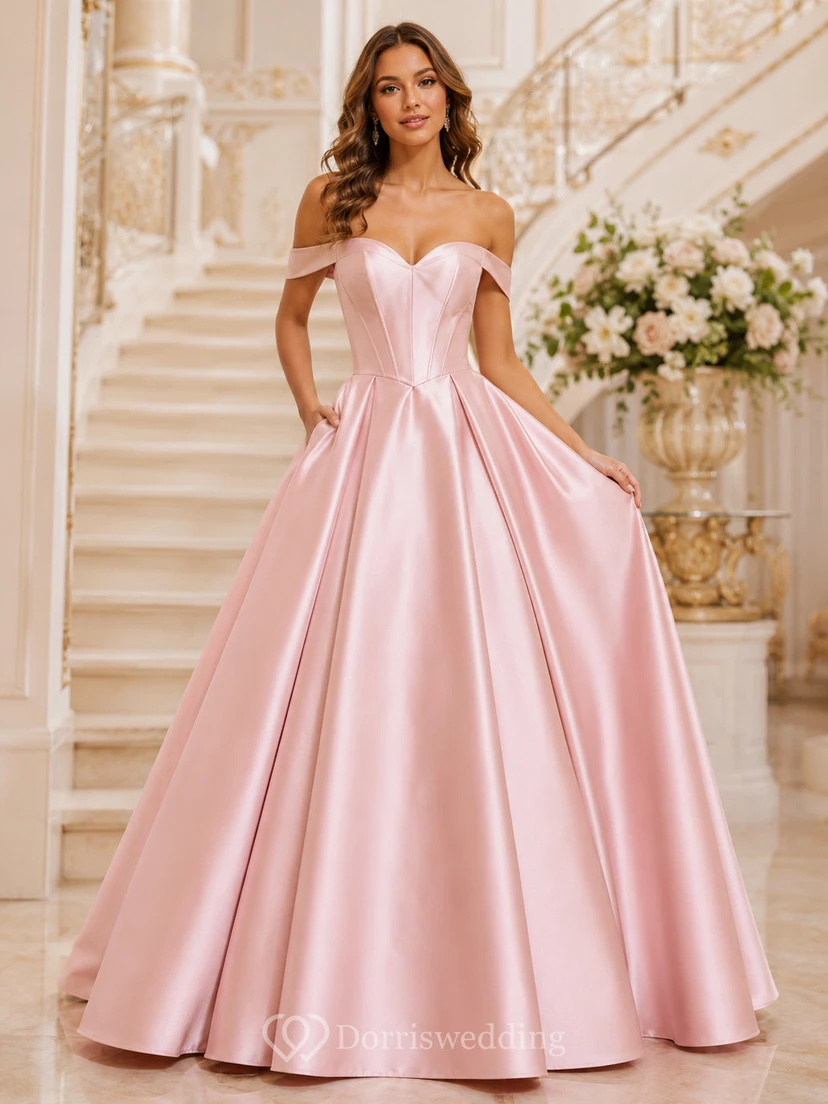 Blushing Pink Simple Off Shoulder Sweetheart Satin Princess Sweet Sixteen Formal Ball Gown