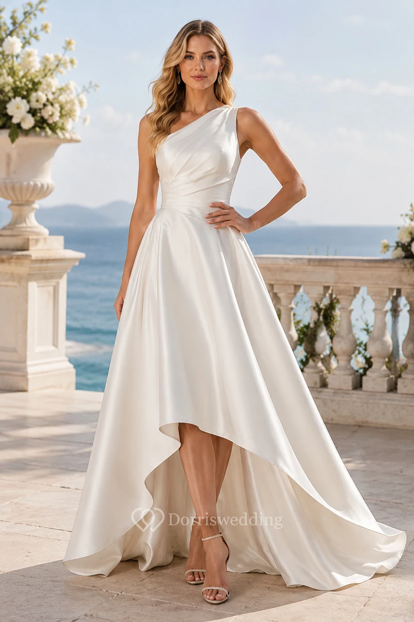 One Shoulder Satin High-Low Wedding Dress with A-Line Skirt