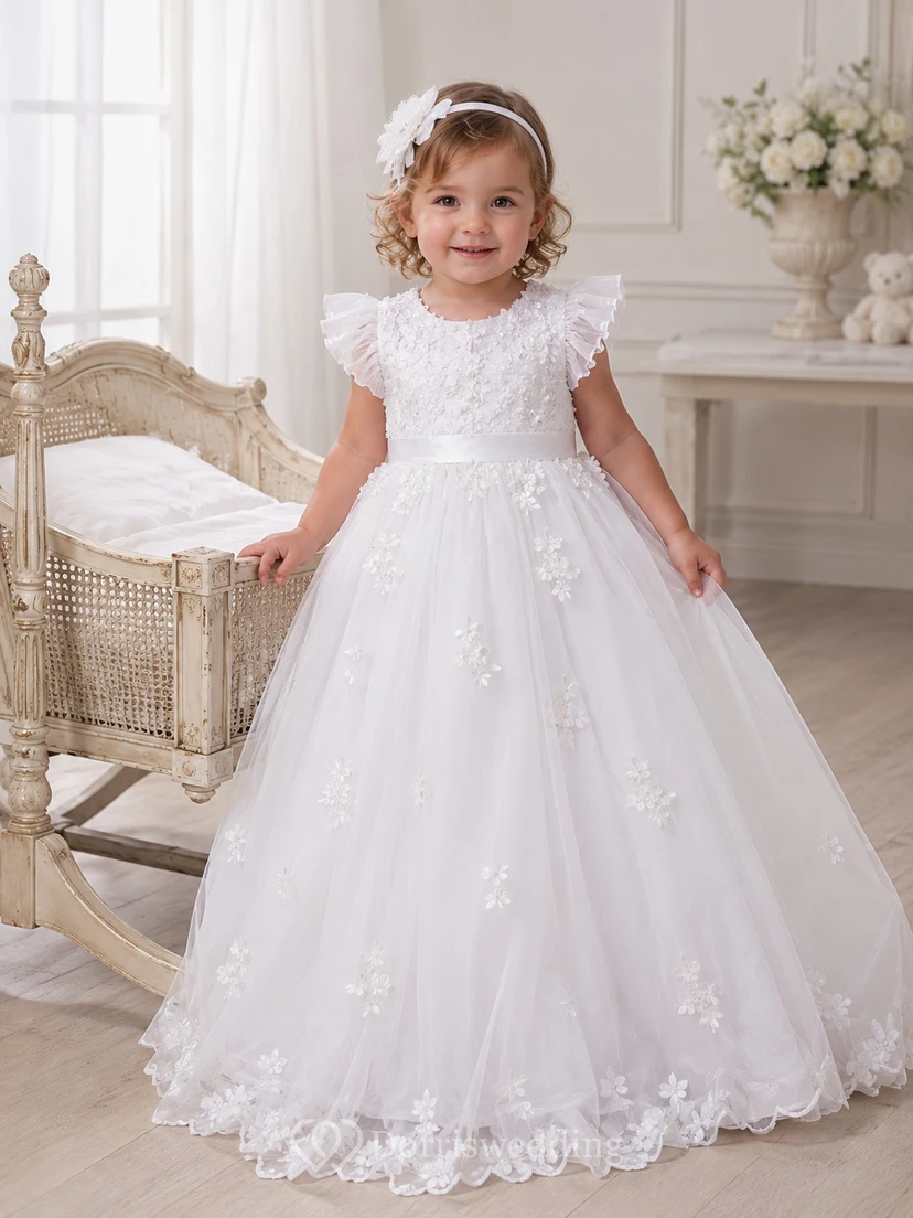 Taufkleid mit floralen Applikationen, A-Linie, Tüllspitze, flatternden Ärmeln und Schleife am Rücken