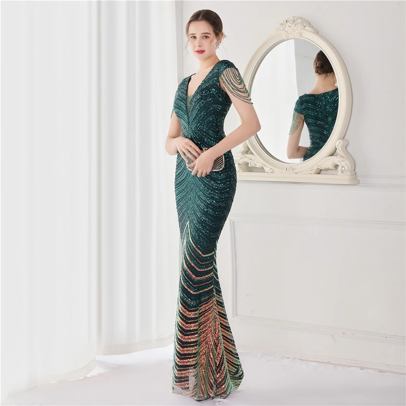 Paillettenbesetztes, handwerklich perfekt gefertigtes, perlenbesetztes Party-Abendkleid – sexy langes Kleid für die Braut view 21