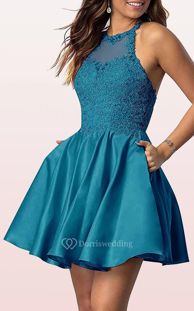 Robe de bal simple mini trapèze sans manches en satin et dentelle avec appliques view 15