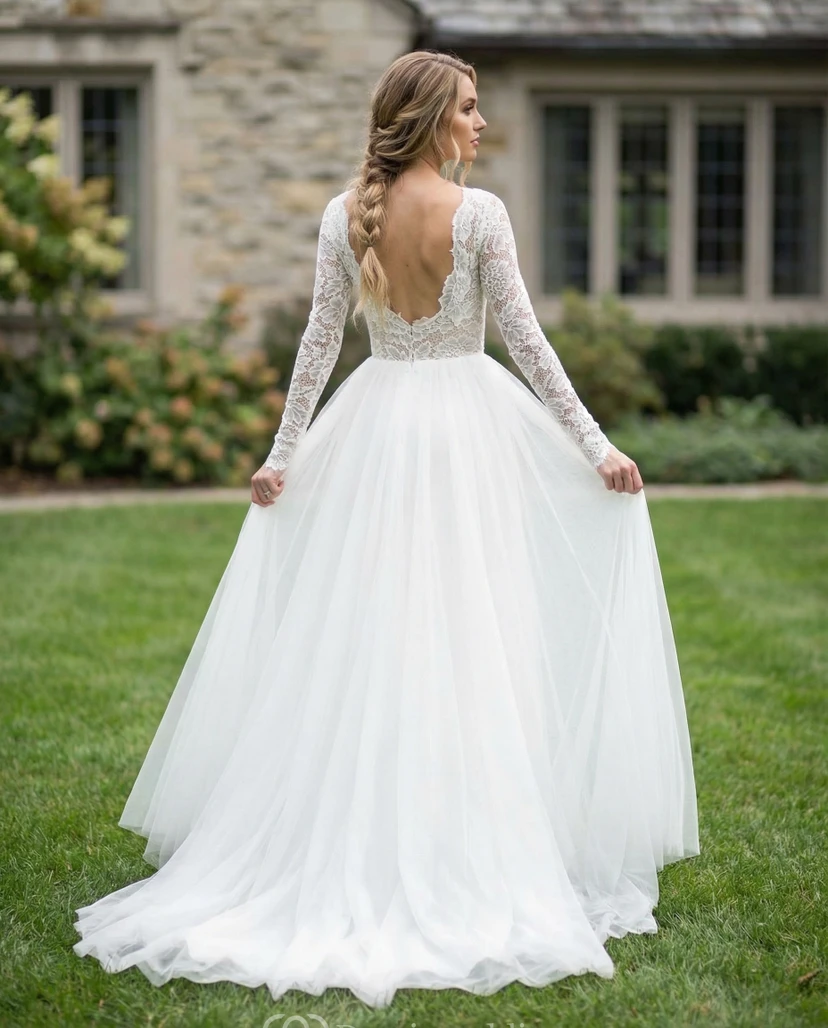 Long Sleeve Lace A-Line Gown with Open Back view 2