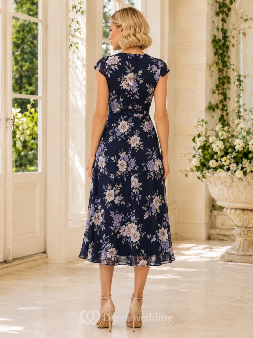 Robe midi trapèze à col V et manches courtes, imprimé floral bleu marine view 2