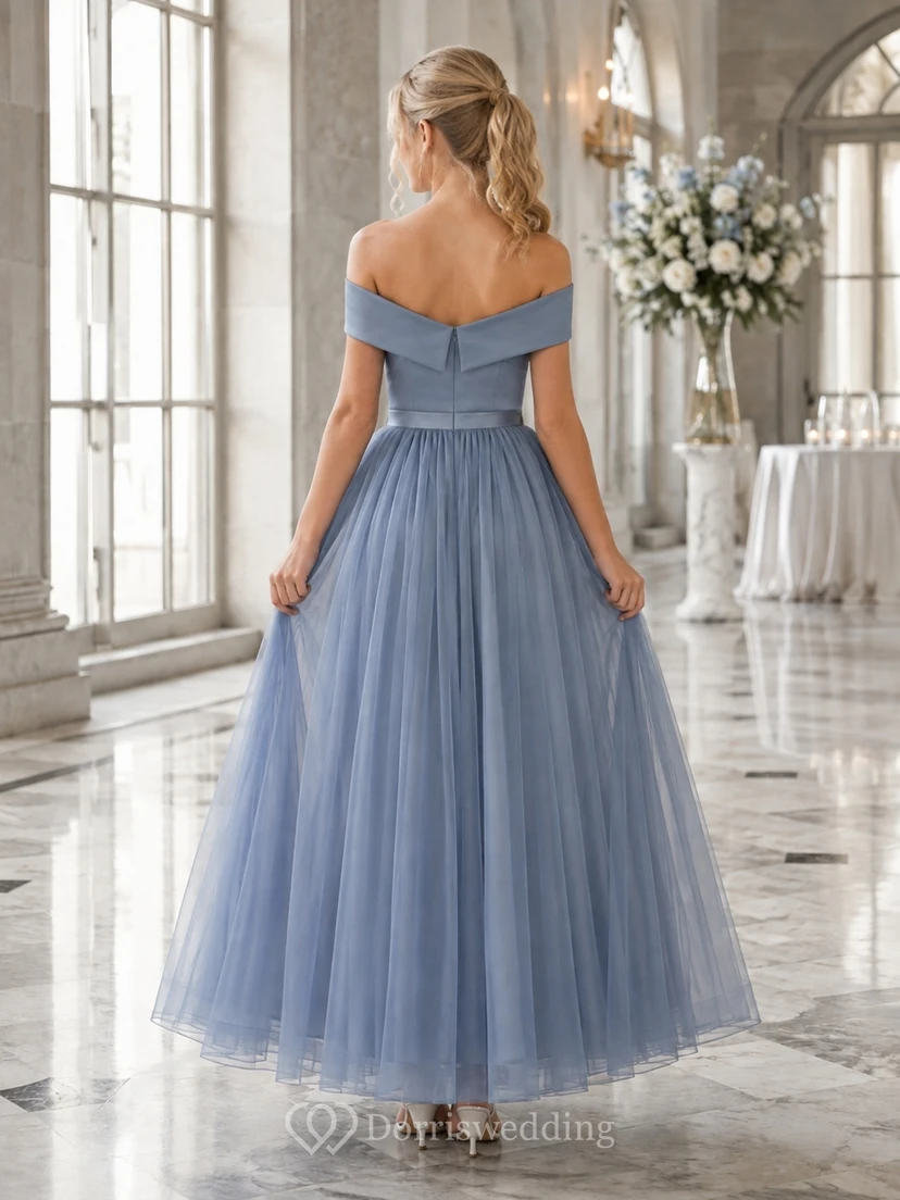 Stahlblaues Brautjungfernkleid für junge Mädchen, A-Linie, schulterfrei, kurze Ärmel, Tüllrock view 2