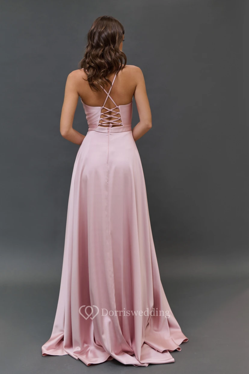 Rosa Spaghetti-Satin-Empire-Kleid mit Kerbe view 2