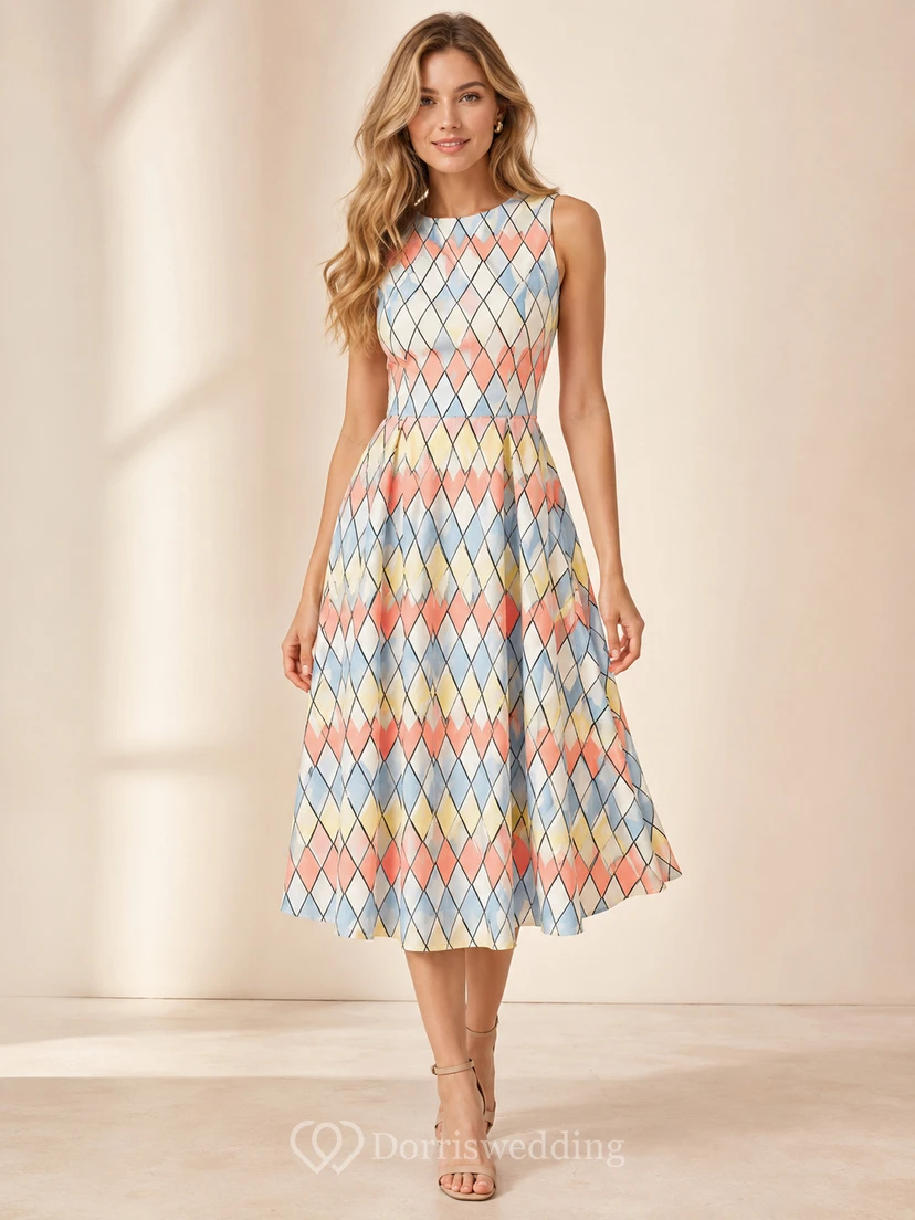 Vestido midi sin mangas de corte A con cuello joya y estampado arlequín en tonos pastel