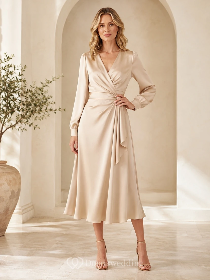 Taupe Satin Wrap Pleated Long Sleeve Tea-length A-Line Formal Dress