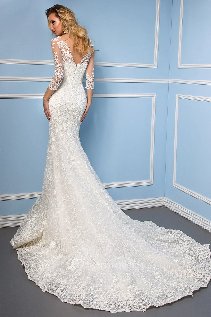 Mermaid 3-4 Sleeve V-Neck Appliqued Lace Elegant Wedding Dress With Chapel Train view 2