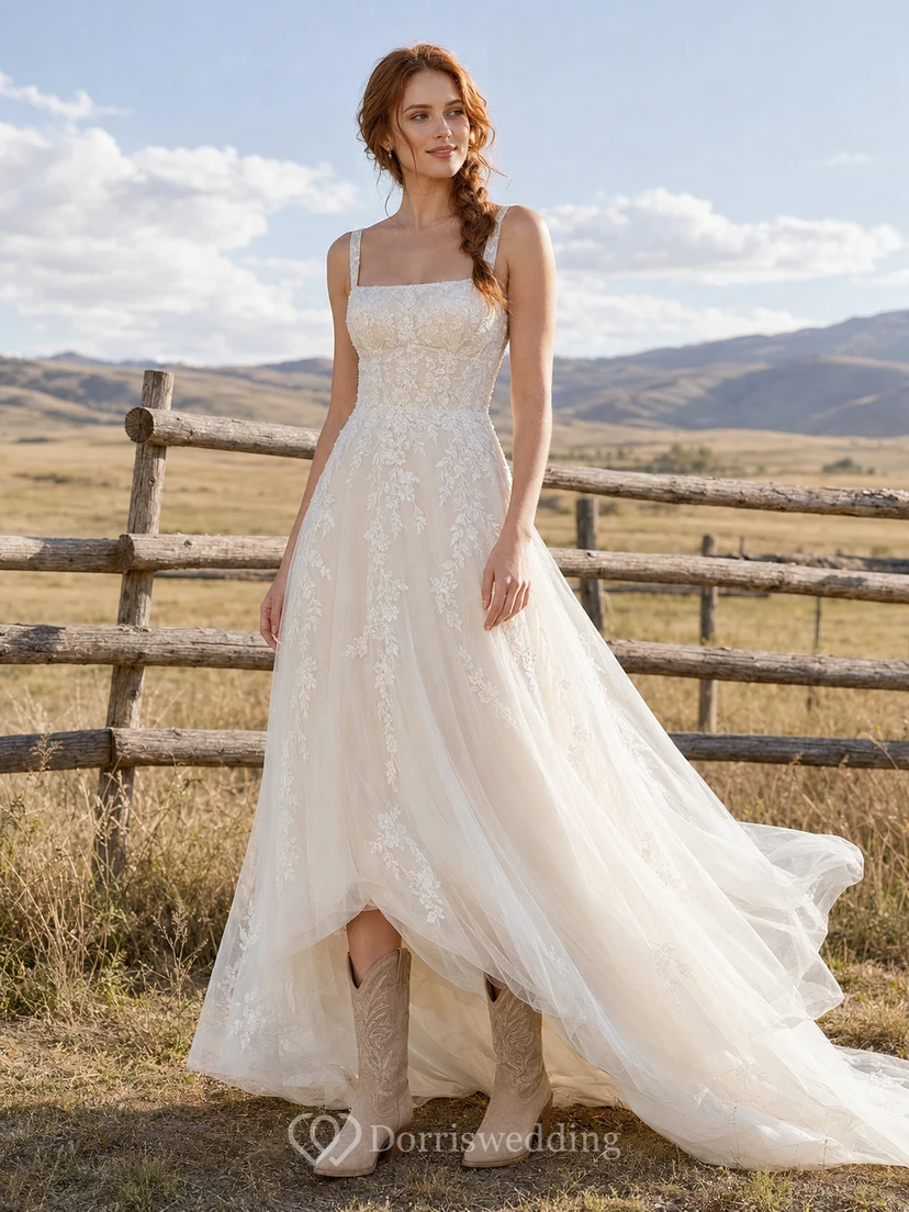 Square Neck A-Line Wedding Dress with Spaghetti Straps and Lace Sweep Train Romantic Bohemian Tulle