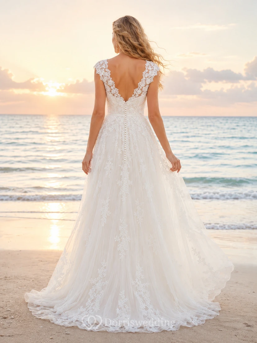 Brautkleid mit kurzen Ärmeln, Strandspitze, A-Linie, Meeresbrise view 2