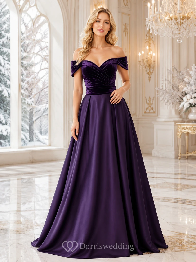Vestido de novia de corte A de terciopelo y satén color morado oscuro con hombros descubiertos