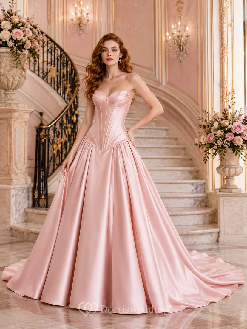 Vestido de gala de satén rosa empolvado sin tirantes con corsé