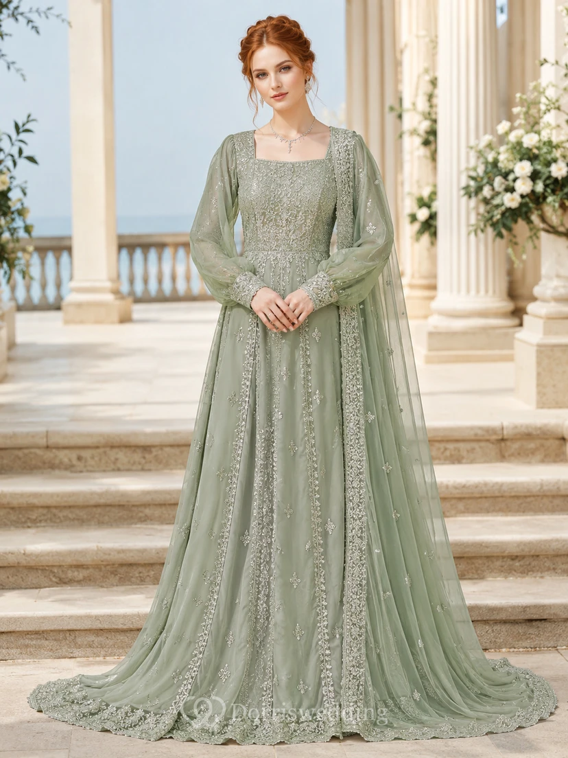 Vestido de madre modesto de gasa de encaje color celadón con cuello joya, mangas abullonadas y cola larga.