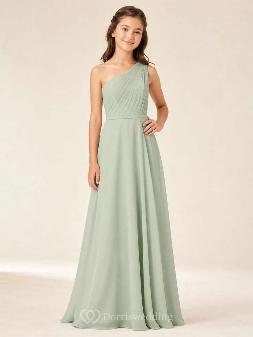 Elegantes junges Brautjungfernkleid in Celadon-Tönen, A-Linie, One-Shoulder, ärmellos, aus Chiffon