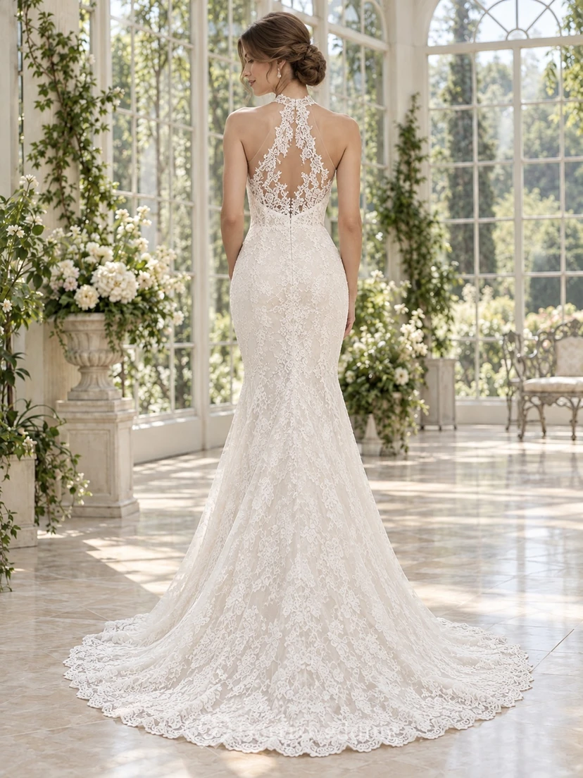 Robe de mariée sirène dos nu à col montant en dentelle florale fine avec traîne view 2