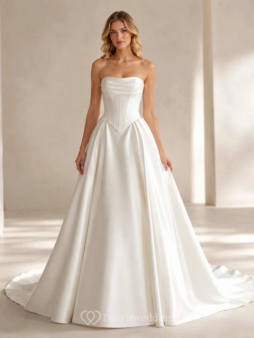 Vestido de novia sencillo de satén con corte en A, sin tirantes y con punta, estilo vasco.