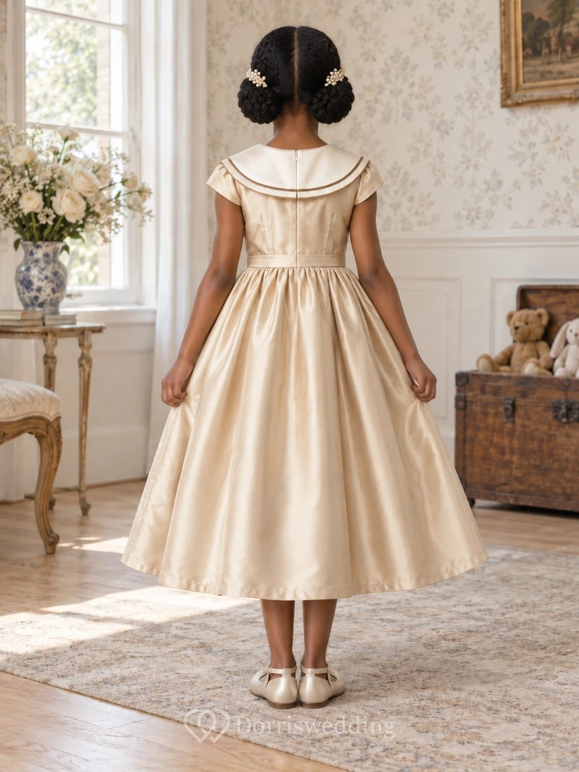 Tea-length Vintage Champagne A-Line Satin Cap-Sleeve Sailor-Collar Pintucked Flowergirl Dress view 2