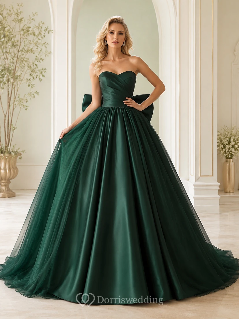 Dark Green Luxury Strapless Sweetheart Oversized Bow Satin Chapel Train Sweet Sixteen Ball Gown