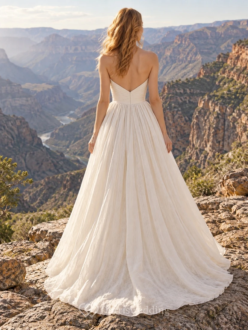 Bandeau Linen Blend A-Line Wedding Dress with Full Skirt and V-Back view 2