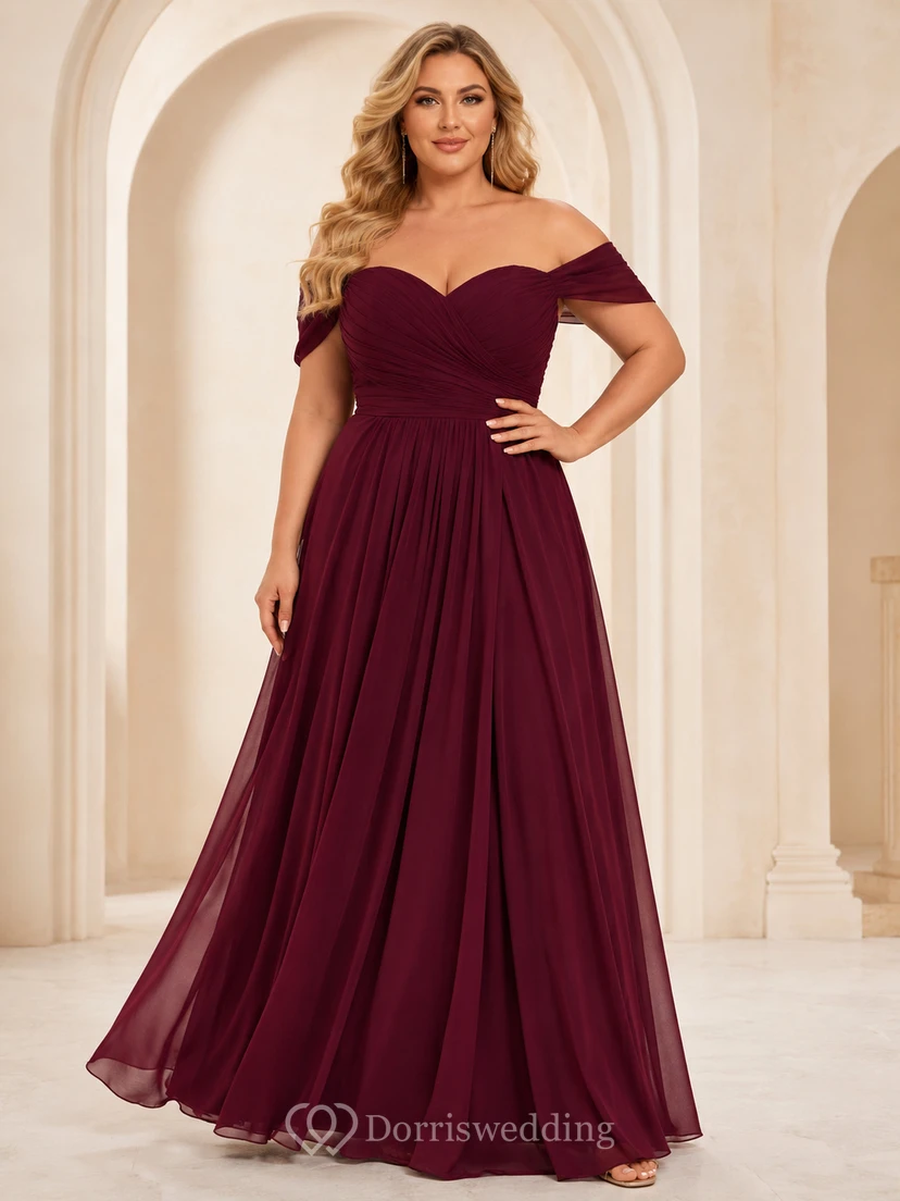 Burgunderfarbenes Chiffon-Abendkleid in Übergröße mit schulterfreiem A-Linien-Schnitt