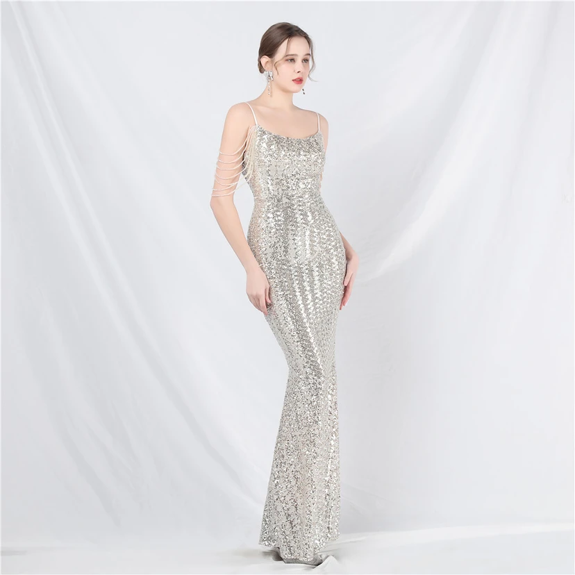 Robe de soirée longue à sequins et perles fantaisie view 4