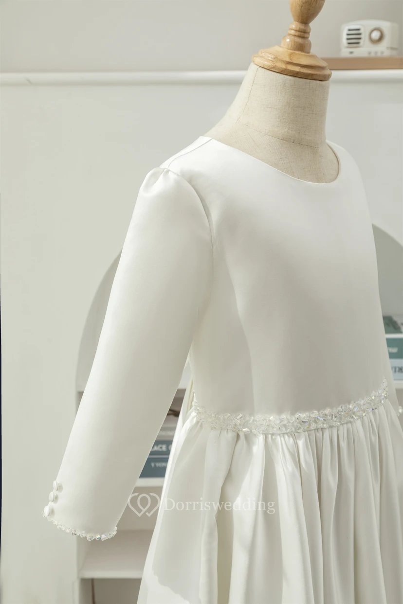 Modest Long Sleeve Scoop-neck Satin A-line Beaded Flowergirl Dress view 5