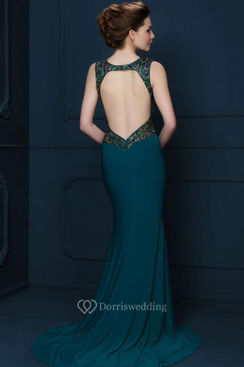 Sheath Long Beaded Scoop-Neck Sleeveless Jersey Evening Dress view 2