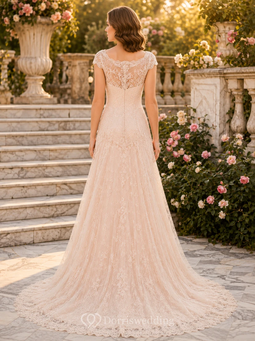 Gatsby V-Neck Cap Sleeve Lace Sheath Bridal Gown view 2