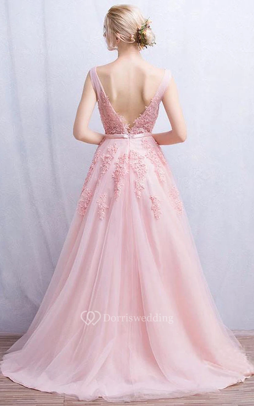 Sleeveless V-neck Long Appliques Tulle Dress view 2