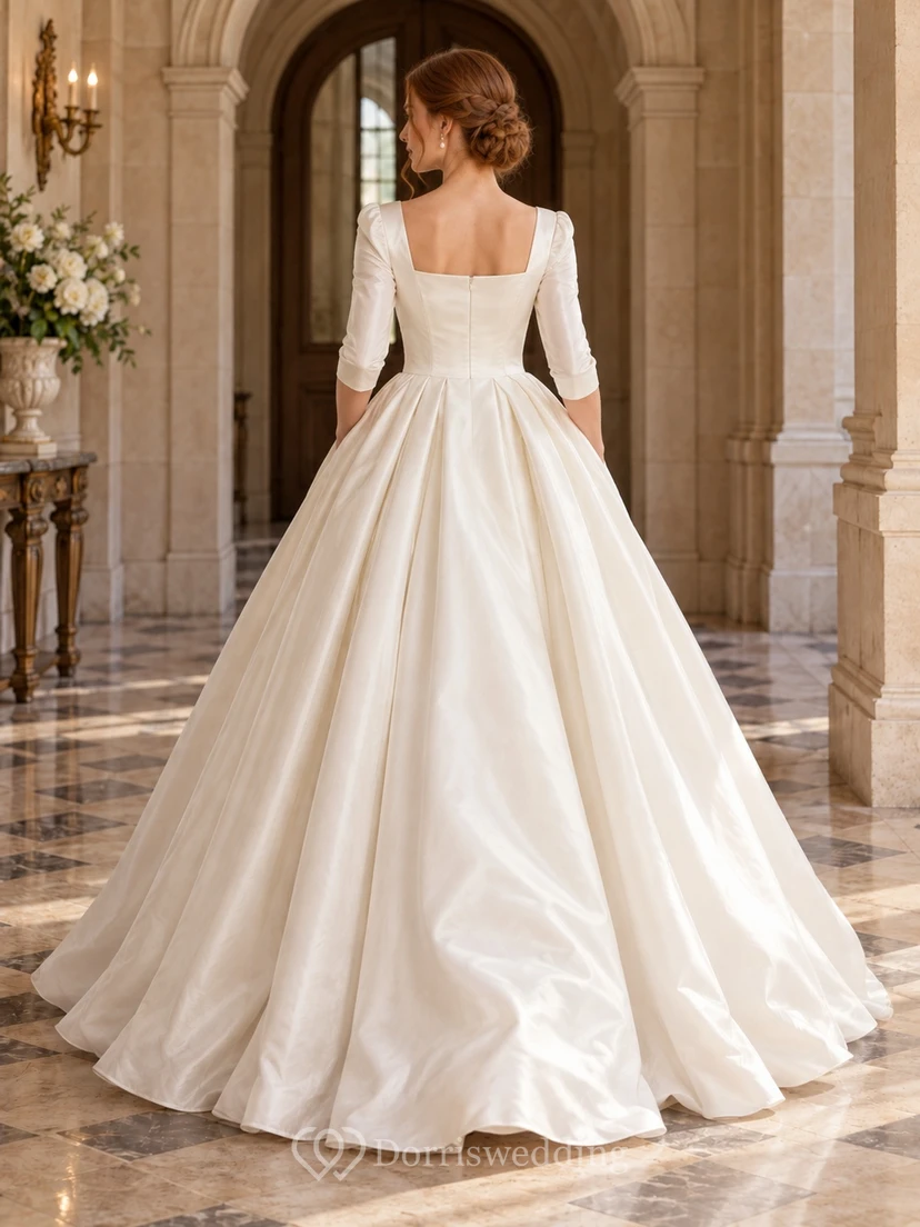 Modest Simple Square Neck Satin Half Sleeve Pleated Ball Gown Wedding Dress view 2