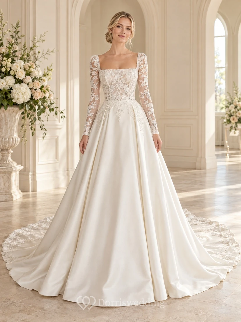 Square Neck Long Lace Sleeve Satin A-Line Wedding Dress