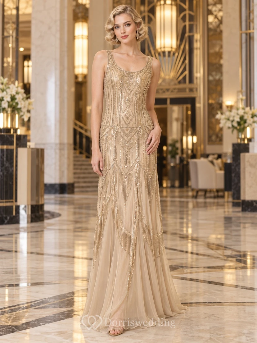 Robe de bal longue sans manches, couleur champagne, col rond, à perles géométriques, style années 1920