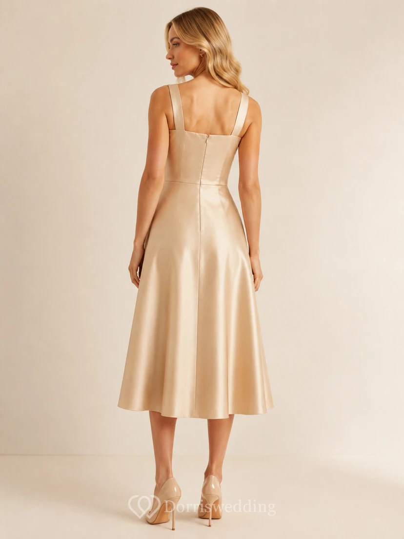 Champagnerfarbenes, schlichtes A-Linien-Midikleid aus Satin mit quadratischen Trägern view 2