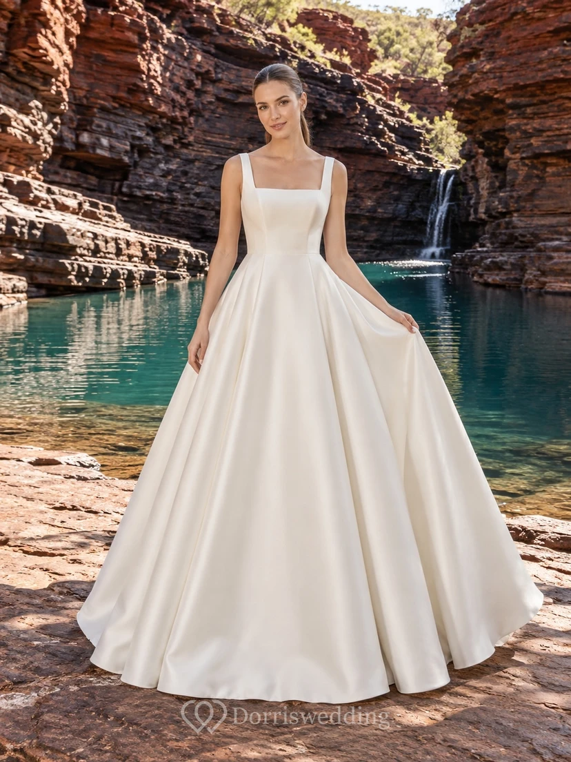 Robe de mariée simple à encolure carrée et bretelles en satin