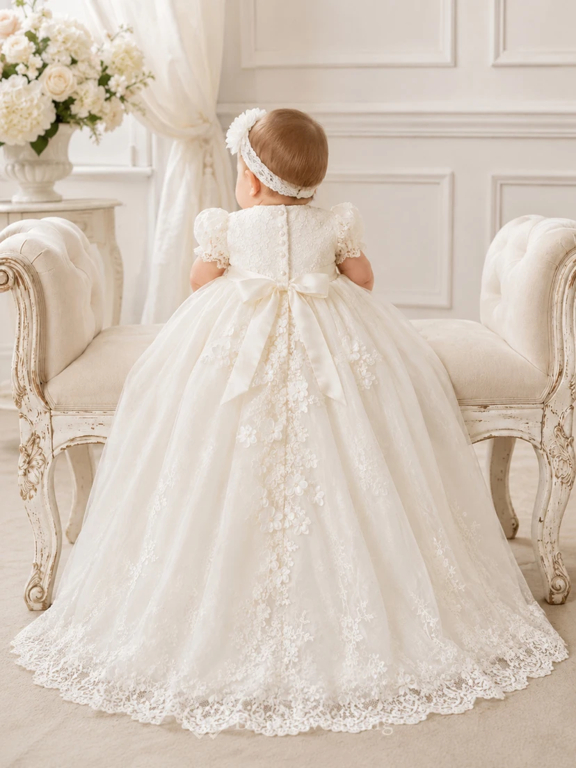 Floral Applique Christening Gown A-Line Tulle Lace Short Sleeve Floor-Length view 2