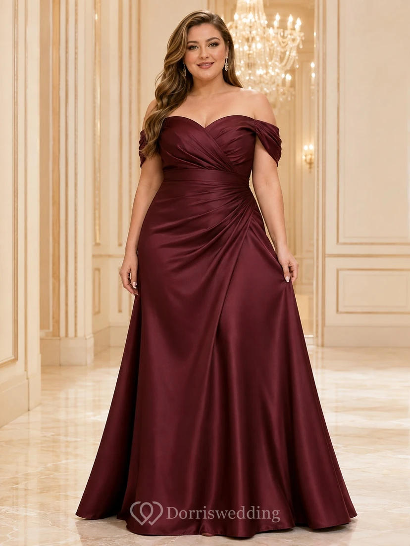 Vestido de noche formal de corte A, de satén drapeado de lujo color burdeos, con hombros descubiertos.