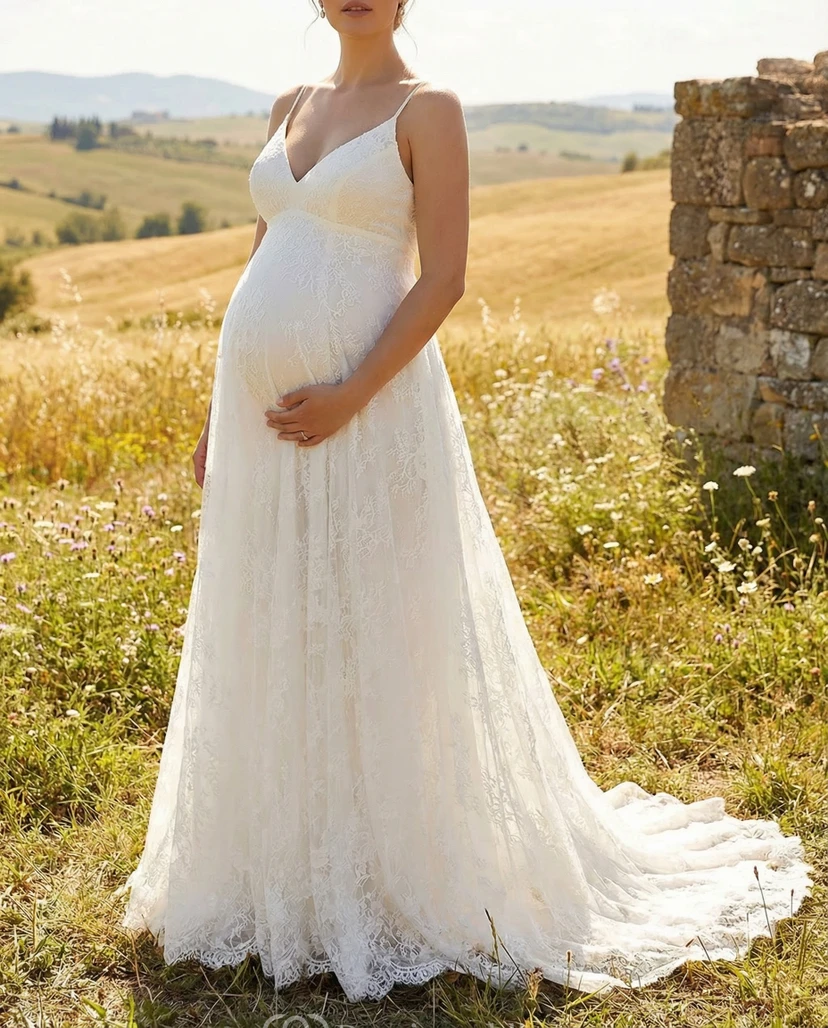 Maternity Lace Wedding Dress with V-Neck Spaghetti Straps and Sweep Train