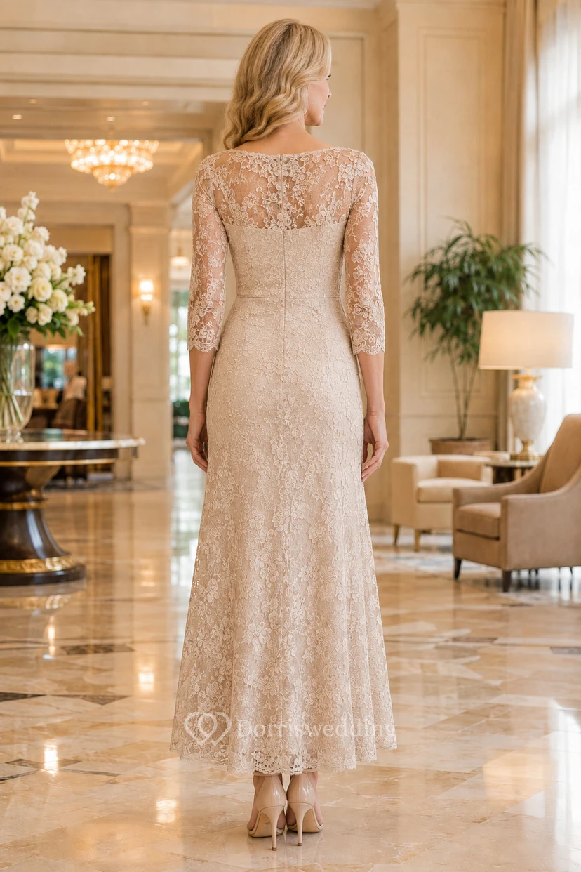 Robe de mère champagne à manches longues en dentelle, longueur thé view 2