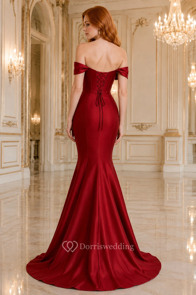 Evening Gown Red Satin Mermaid Off Shoulder Short Sleeve Floor Length view 2