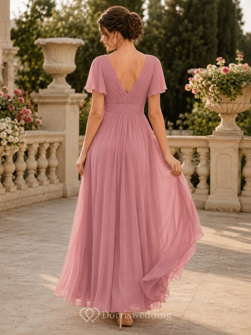 Taupefarbenes, elegantes Satin-Etui-Abendkleid mit V-Ausschnitt und bodenlanger Silhouette view 2