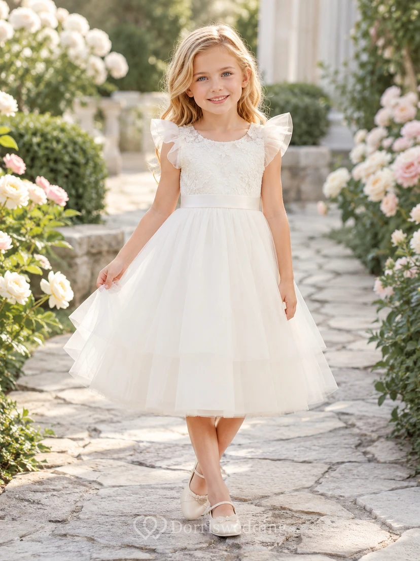 Adorable vestido de tul hasta la rodilla con mangas acampanadas y cuello joya, corte A, ideal para niñas de las flores.