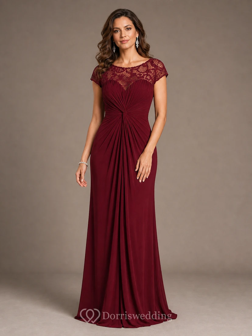 Robe longue à manches courtes froncée pour la mère de la mariée, avec encolure en dentelle illusion view 16