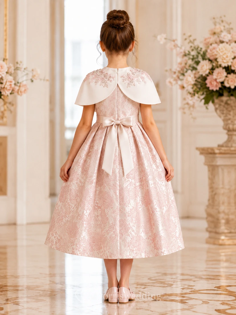 Capelet Satin A-Line Flower Girl Dress with Short Sleeves, Jewel Neck and Tea-Length Skirt view 2