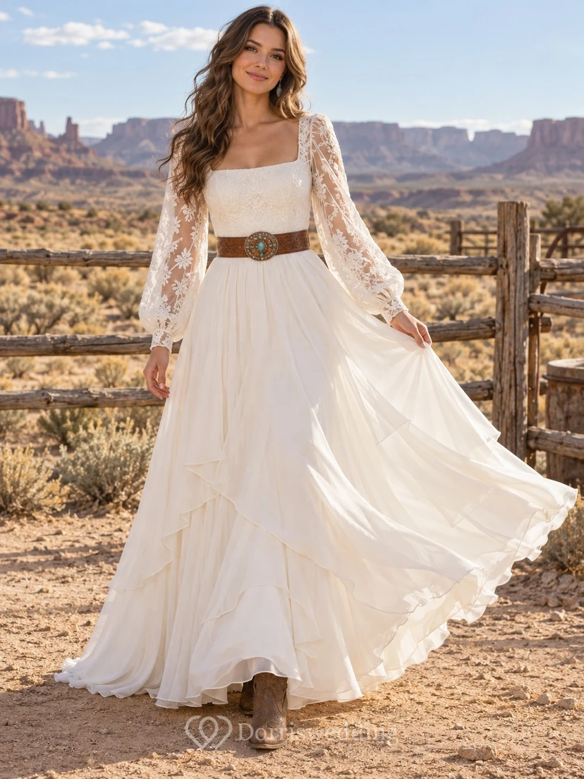 Vestido de novia de gasa estilo bohemio campestre con corte en A, escote cuadrado, mangas abullonadas y cinturón estilo western.