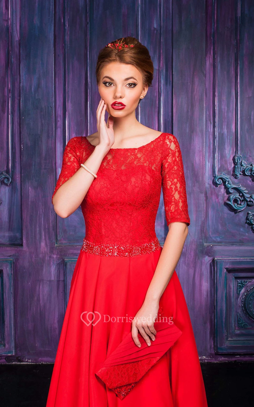 A-line Floor-length Jewel Half Sleeve Chiffon Zipper Dress view 2