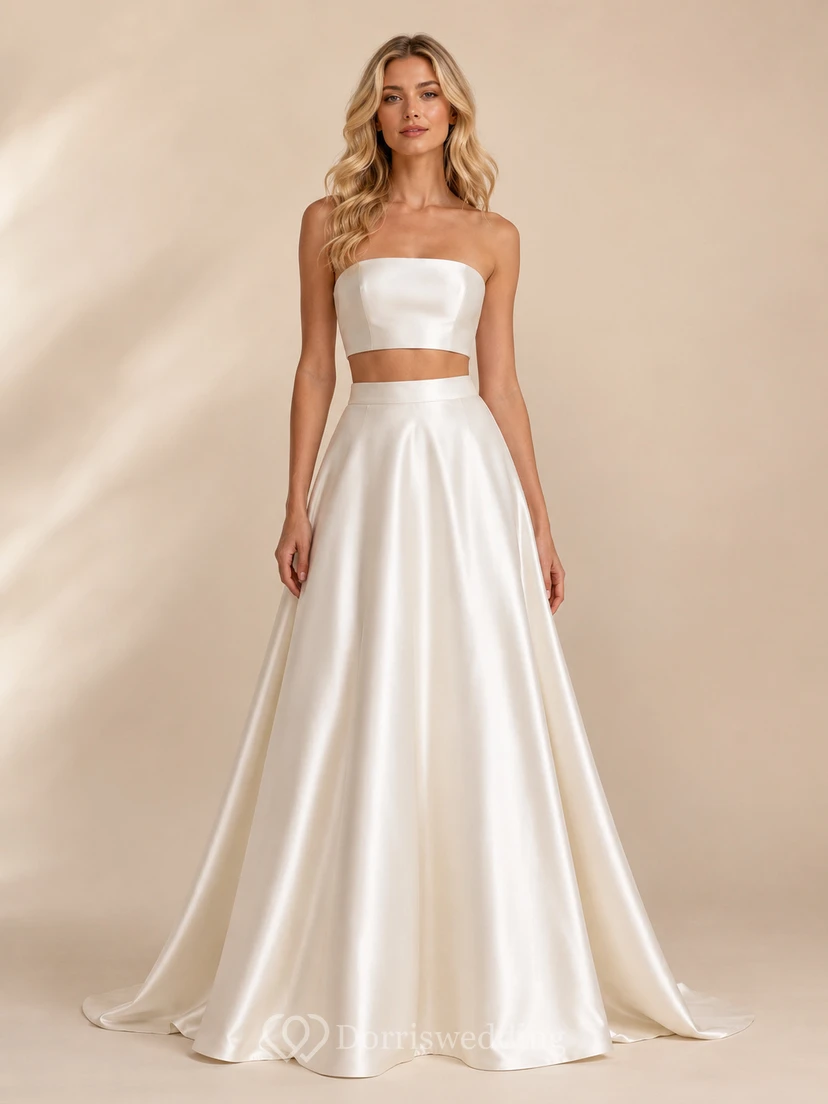 Strapless Satin Bandeau Crop Top A-Line Studio Bridal Set