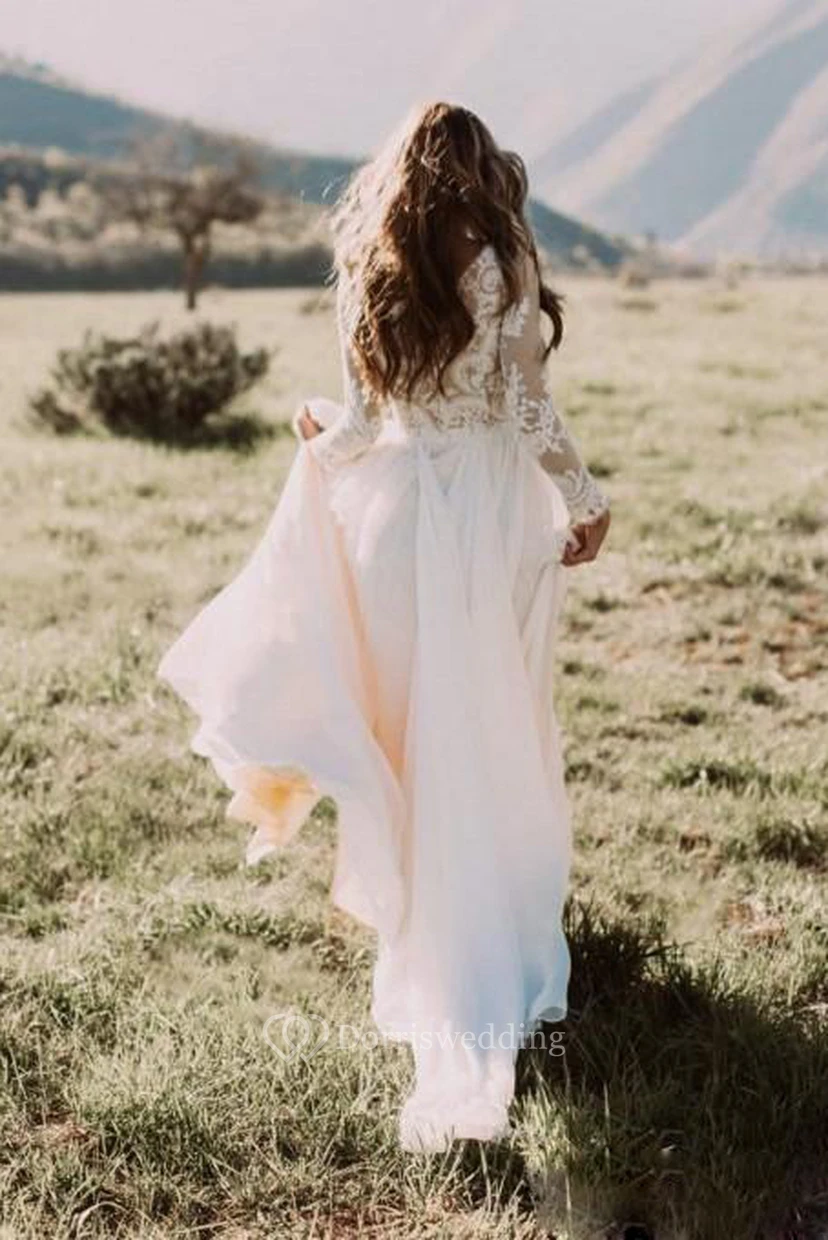 Robe de mariée bohème champêtre | Robe de mariée vintage modeste à manches longues style western pour une fugue amoureuse view 2