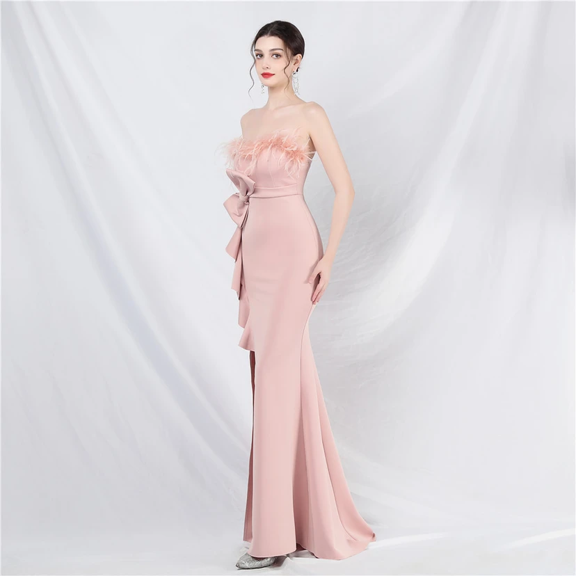 Crafted Custom-Made Ostrich Hair Off-Shoulder Tube Top Dinner Celebration Wedding Dress view 12