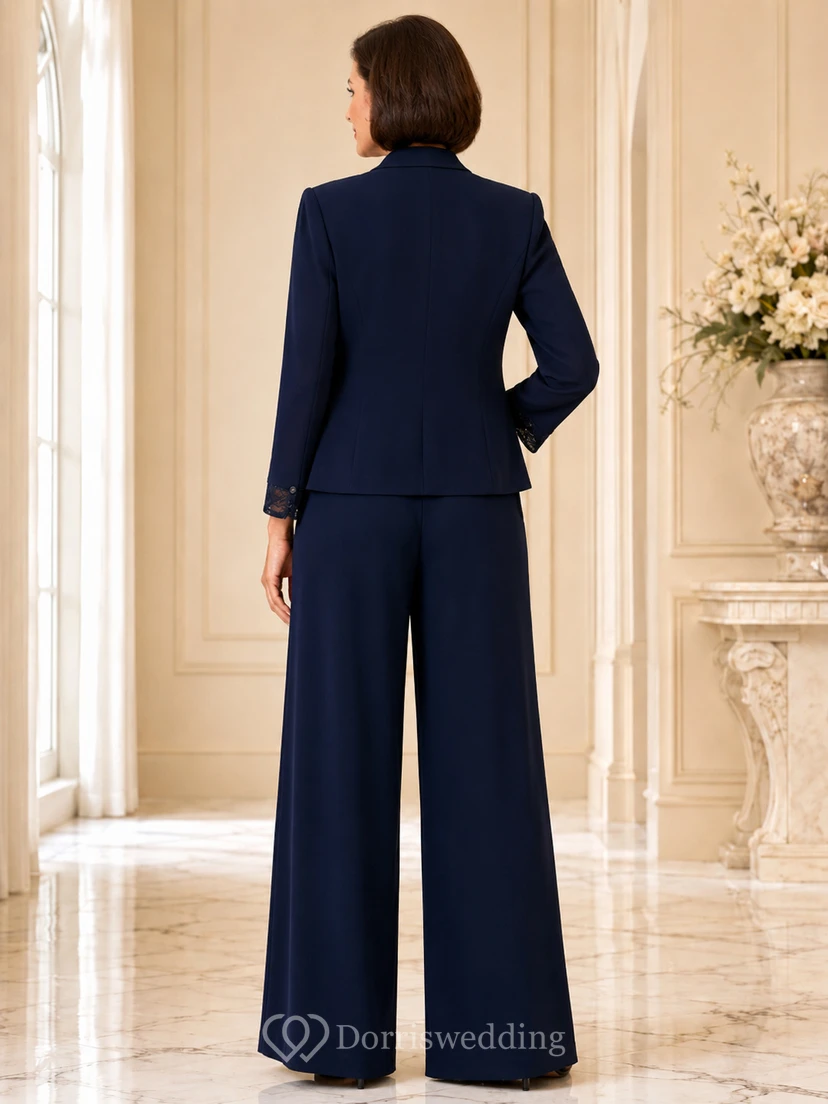 Dark Navy Mother Pantsuit with Structured Blazer, Lace Camisole and Wide Leg Pants view 2